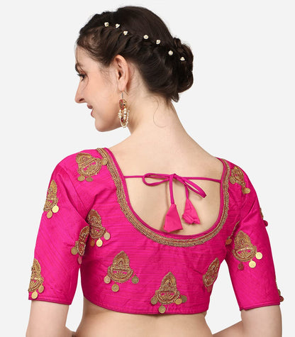 Pujia Mills WomenS Silk Embroidery Maggam Lakshmi Coin Work Readymade Saree Blouse