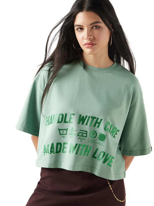 Bewakoof Heavy Duty 1.0 Womens Graphic Print Oversized Fit Half Sleeve Round Neck Terry Top_649681_Green_XL