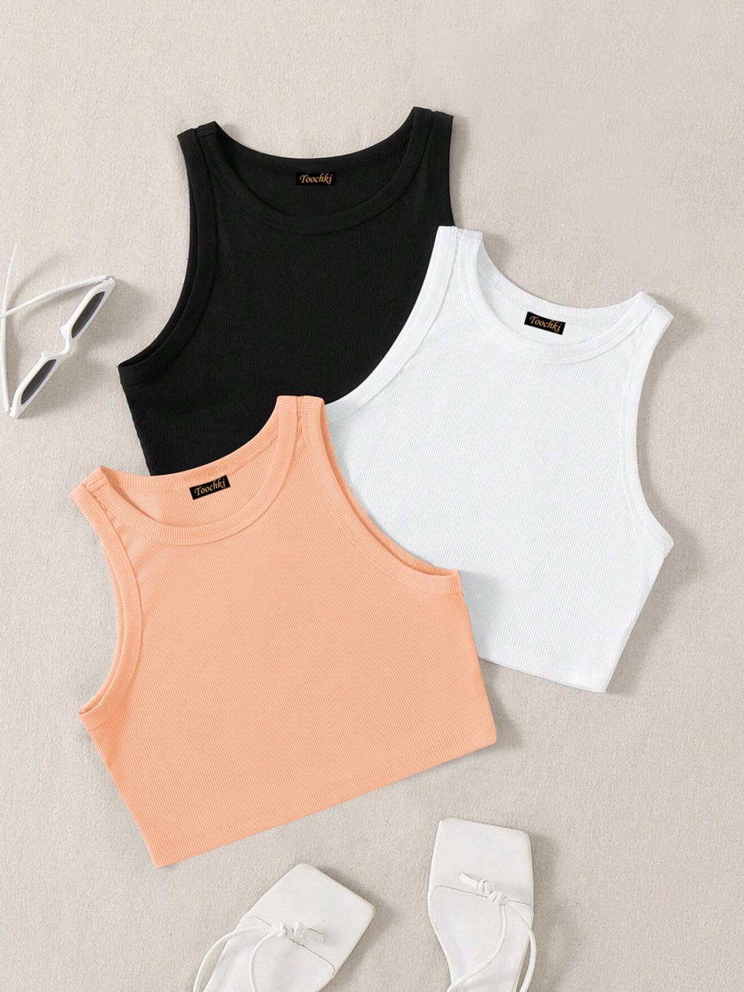 Toochki Tops for Woman | Spandex Top | Crop | Short | Western | for Jeans | Sleeveless | Stretchable | Pack of Three | Black-Whi