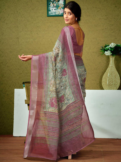 Satrani Womens Linen Printed & Zari Border Ready To Wear One Minute Pre Pleated Readymade Saree with Unstitched Blouse Piece (3