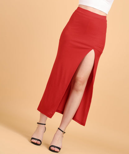 POPWINGS Women Casual Red Long Slit Self Design Rib Skirt