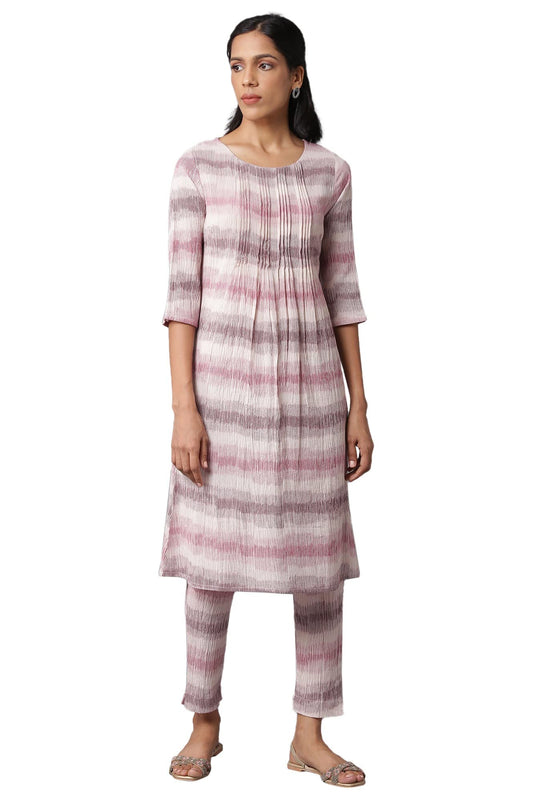 W for Woman Pink Printed Cotton Co-Ord Kurta Set With Slim Pant For Women