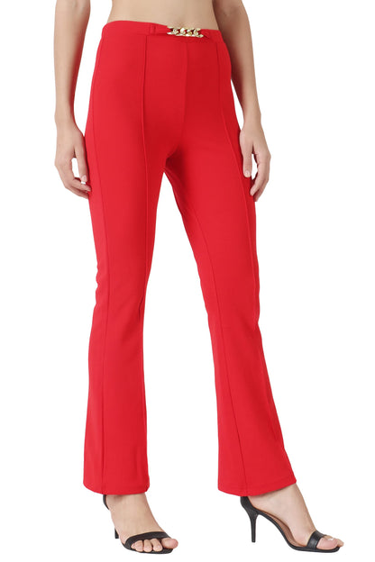 POPWINGS Solid Full-Length Polyester Regular-Fit Trouser Pants for Women for Casual and Semi Formal Wear Red