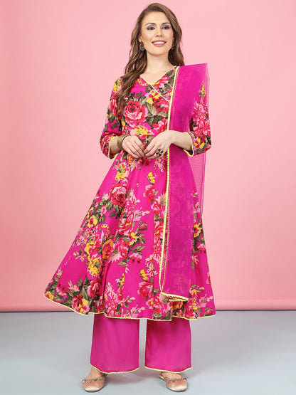 A.T.U.N. (ALL THINGS UBER NICE) Womens Floral Printed Angrakha Pure Cotton Kurta with Palazzos & Dupatta Set | Traditional Ethnic Wear Clothing Set