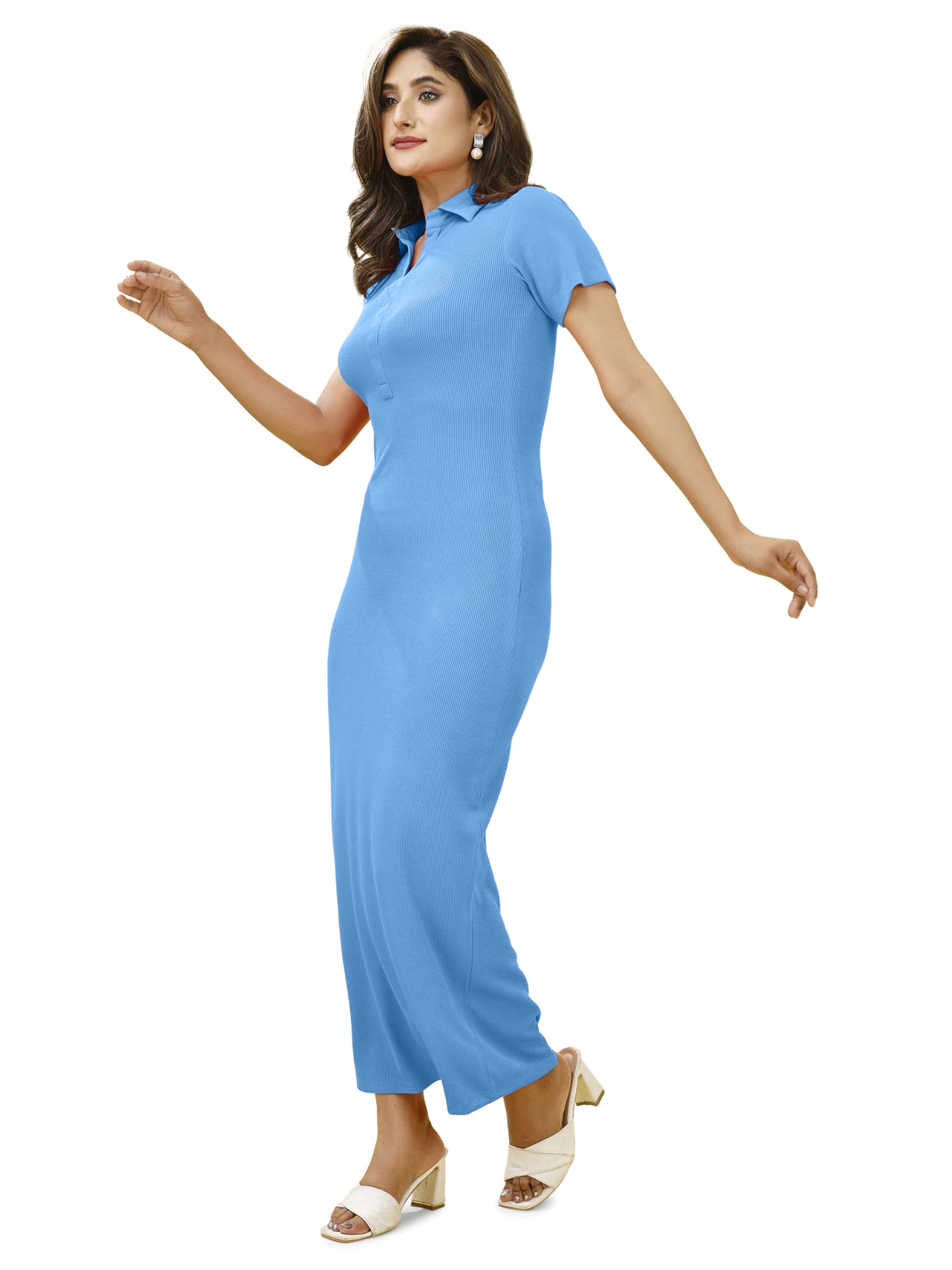 Oomph! WomenS Western & Fusion Wear Stretchable Ribbed Lycra Shirt Dress For Women, Bodycon, Blue - Md1015