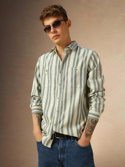 Dennis Lingo Men Cream Stripes Cotton Regular Fit Half Sleeve Shirts