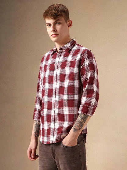 Dennis Lingo Men Red Cotton Poly Waffle Full Sleeve Spread Collar Checks Shirts