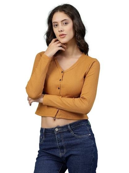 Rigo Casual Wear V Neck Rib Knit Top for Women | Slim Fit Long Sleeves Western Tops for Women