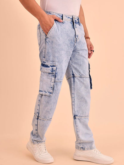 Style Quotient Men Light Blue Relaxed Fit Mid Rise Cargos