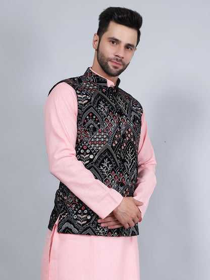 WINTAGE embroidered velvet black modi nehru jacket wc1561
