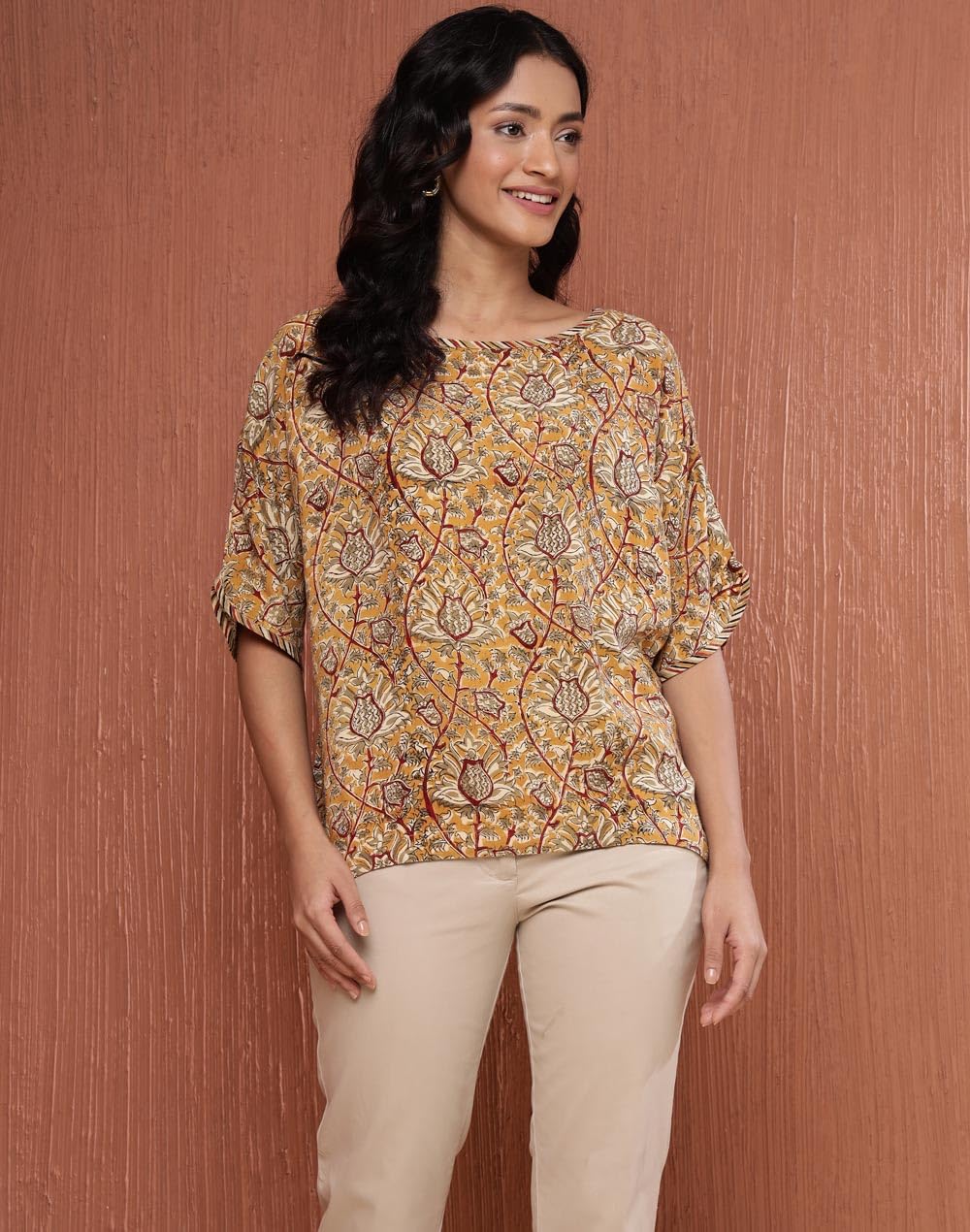Fabindia WomenS Printed Comfort Fit Tops (1037632Mustard_Mustard