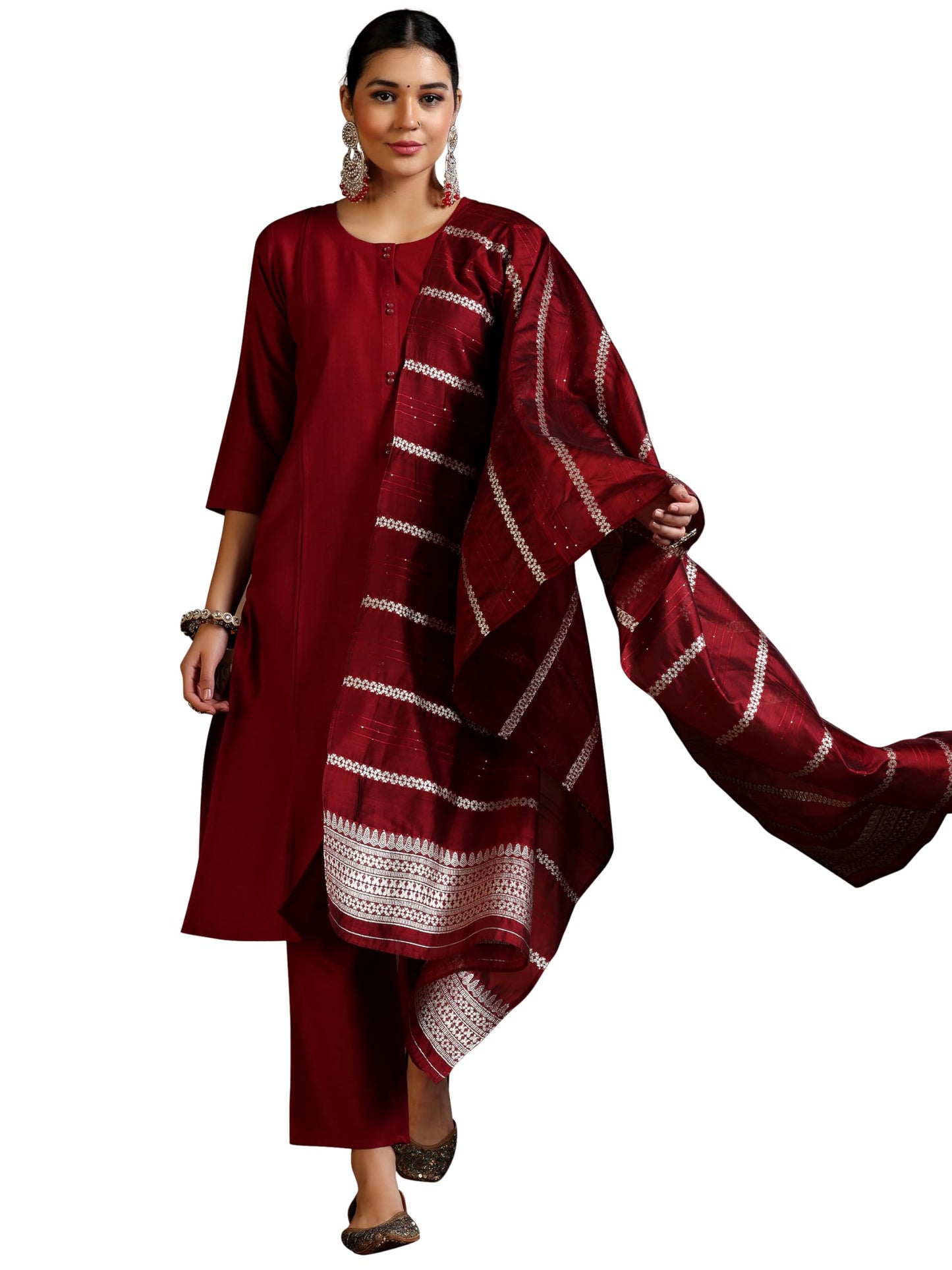 Libas Womens Woven Design Cotton Blend Straight Kurta With Trousers And Dupatta
