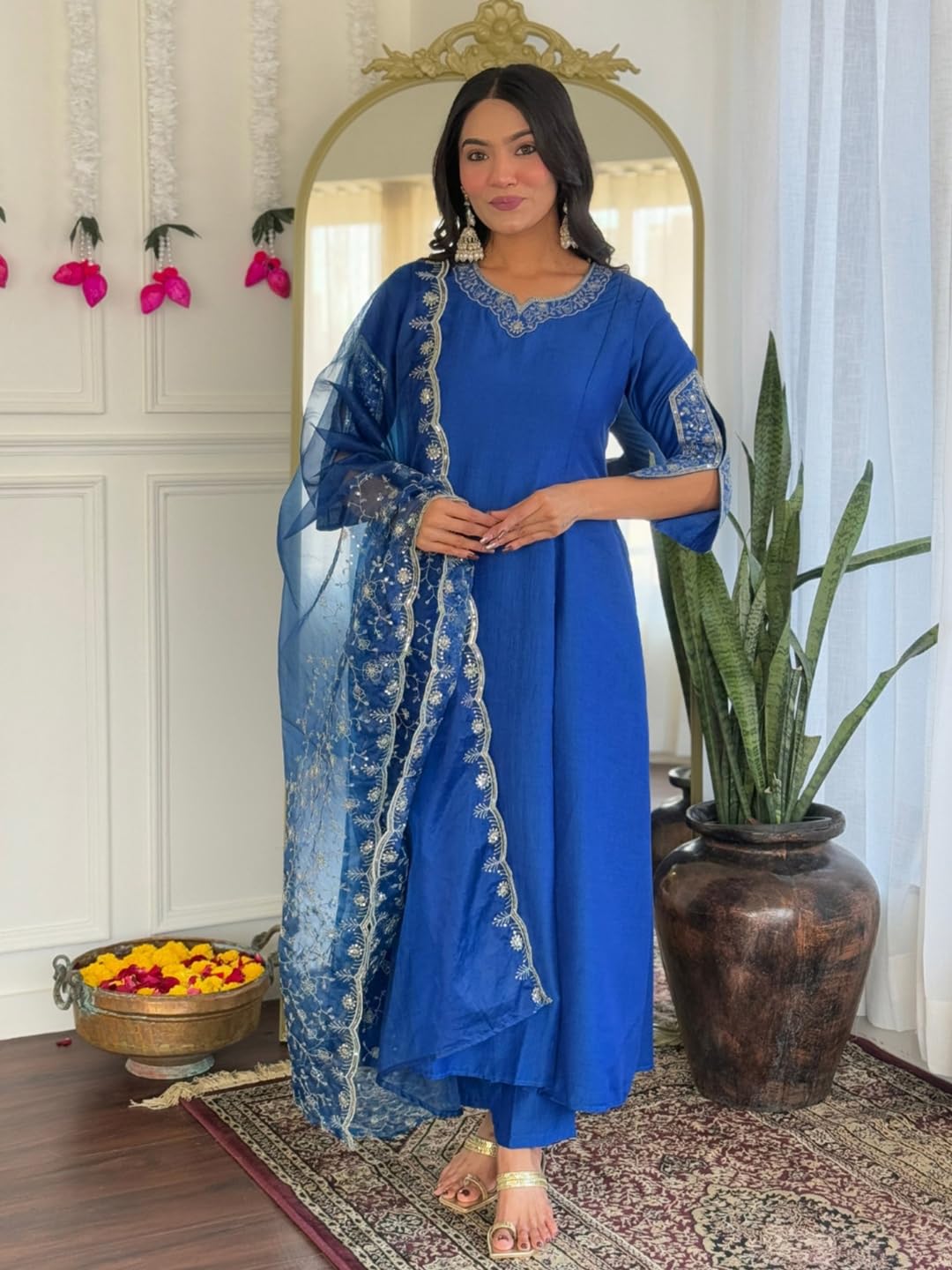 Naixa WomenS Blue Viscose Silk Embroidered Flared Kurta With Viscose Silk Pant And Organza Embroidered Dupatta Sets (Nx-641-Blu