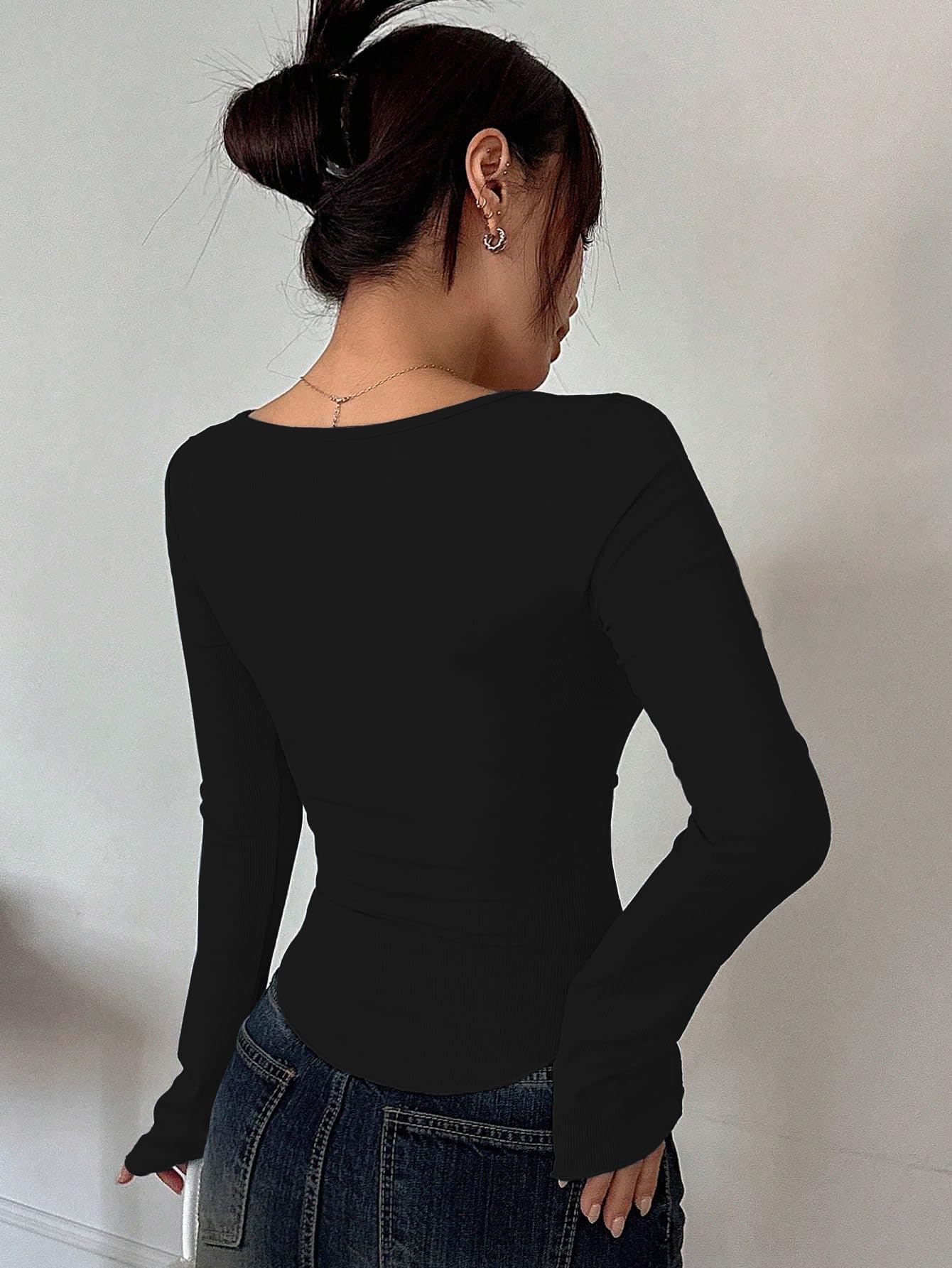 Sugathari Womens Black Solid Long Sleeve Wrap-Style Square Split Crew Neck Bodycon Women T-Shirt Spring and Summer Top, Minimal