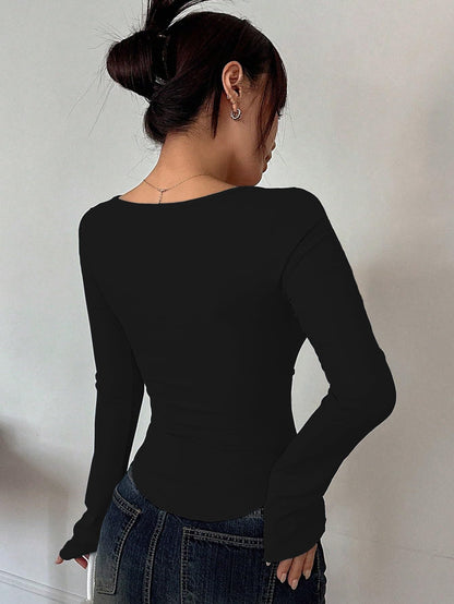 Sugathari Womens Black Solid Long Sleeve Wrap-Style Square Split Crew Neck Bodycon Women T-Shirt Spring and Summer Top, Minimal
