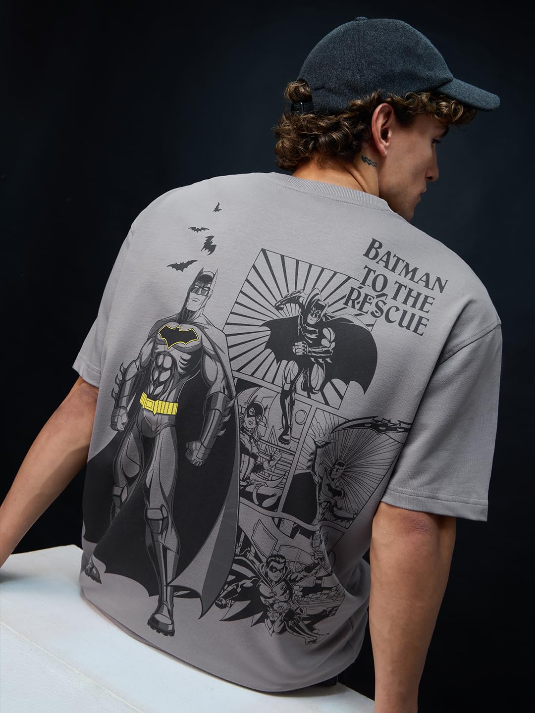 The Souled Store Batman: to The Rescue Men and Boys Short Sleeves Round Neck Grey Graphic Printed Cotton Oversized T-Shirts