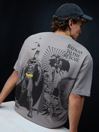 The Souled Store Batman: to The Rescue Men and Boys Short Sleeves Round Neck Grey Graphic Printed Cotton Oversized T-Shirts