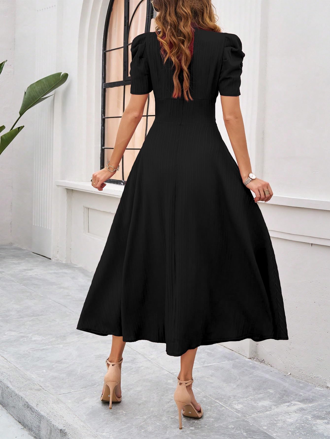 Shasmi Girls & Womens Black Solid Color V-Neck A-Line Maxi Dress for Women | New Year Party Outfit | Waist Cinched Puff Sleeve