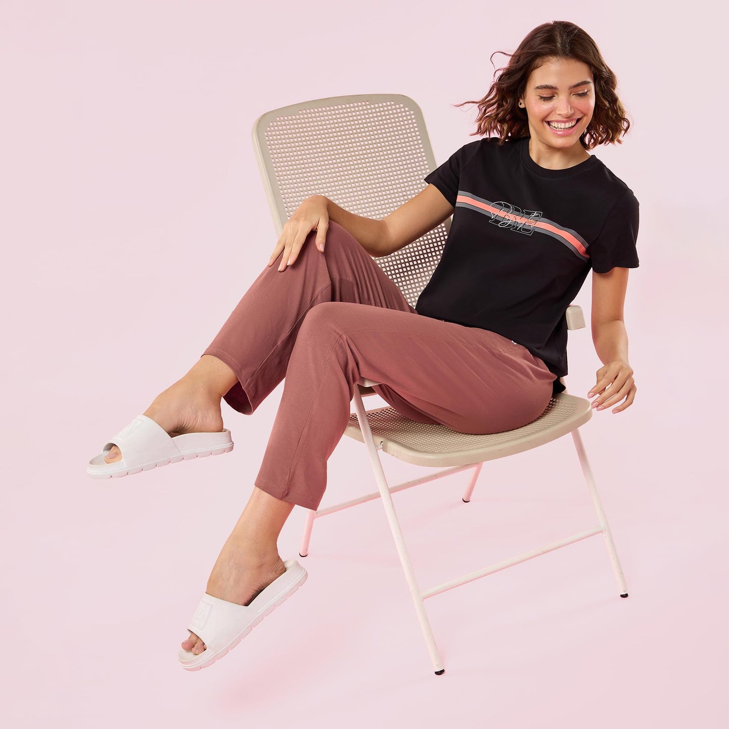 Enamor Womens Striped Relaxed Fit T-Shirt (E3S5_Jet Black/Red Strips