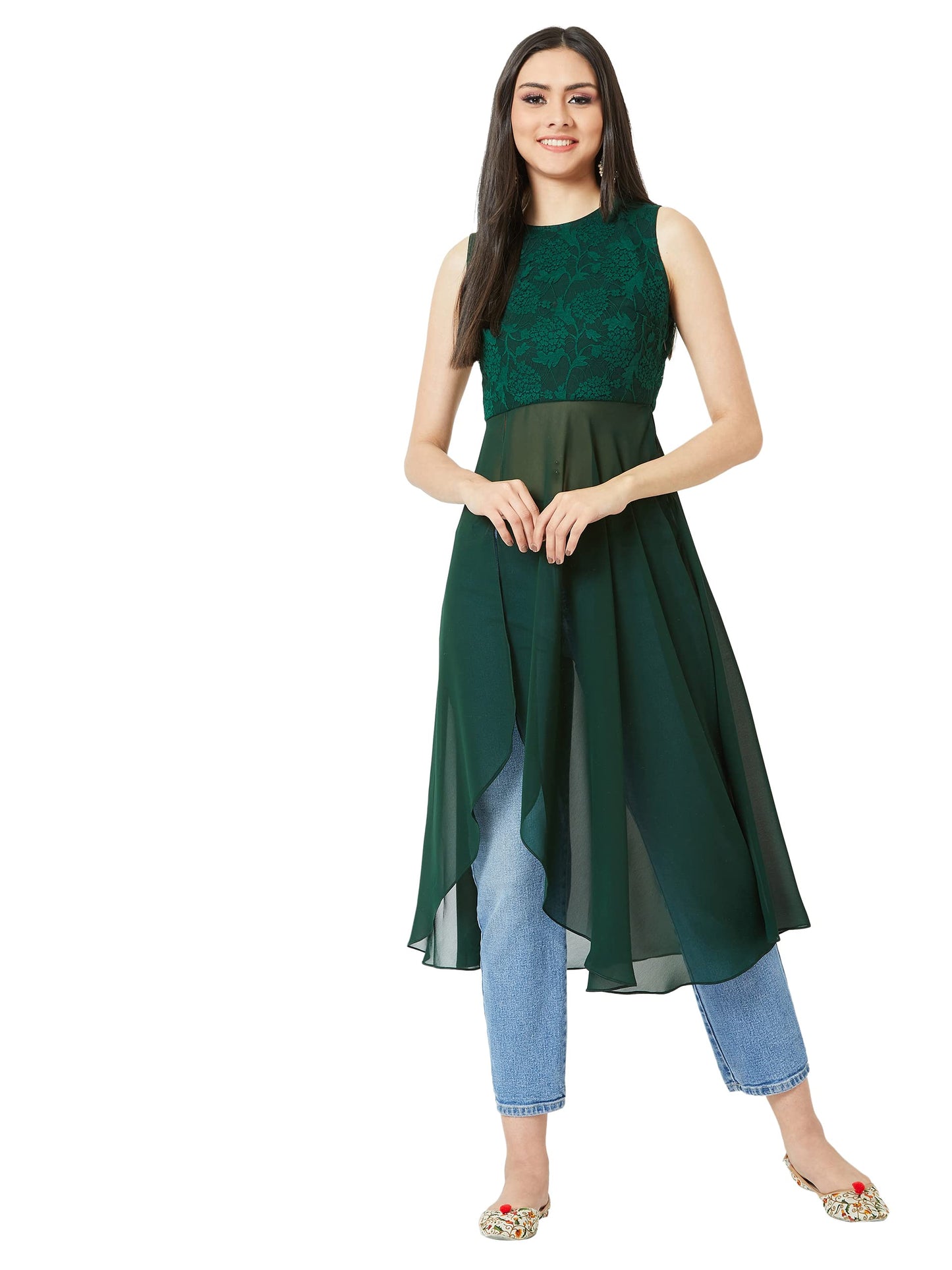 Miss Chase WomenS Forest Green Round Neck Sleeveless Solid Lace Overlaid Maxi Top (Mcaw21Tp14-09-236-06,Forest Green,Xl)