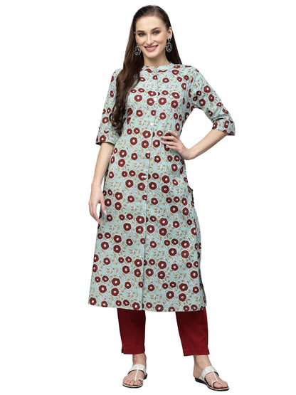 Stylum Women's Printed Cotton A-Line Kurta (Turquoise Blue)