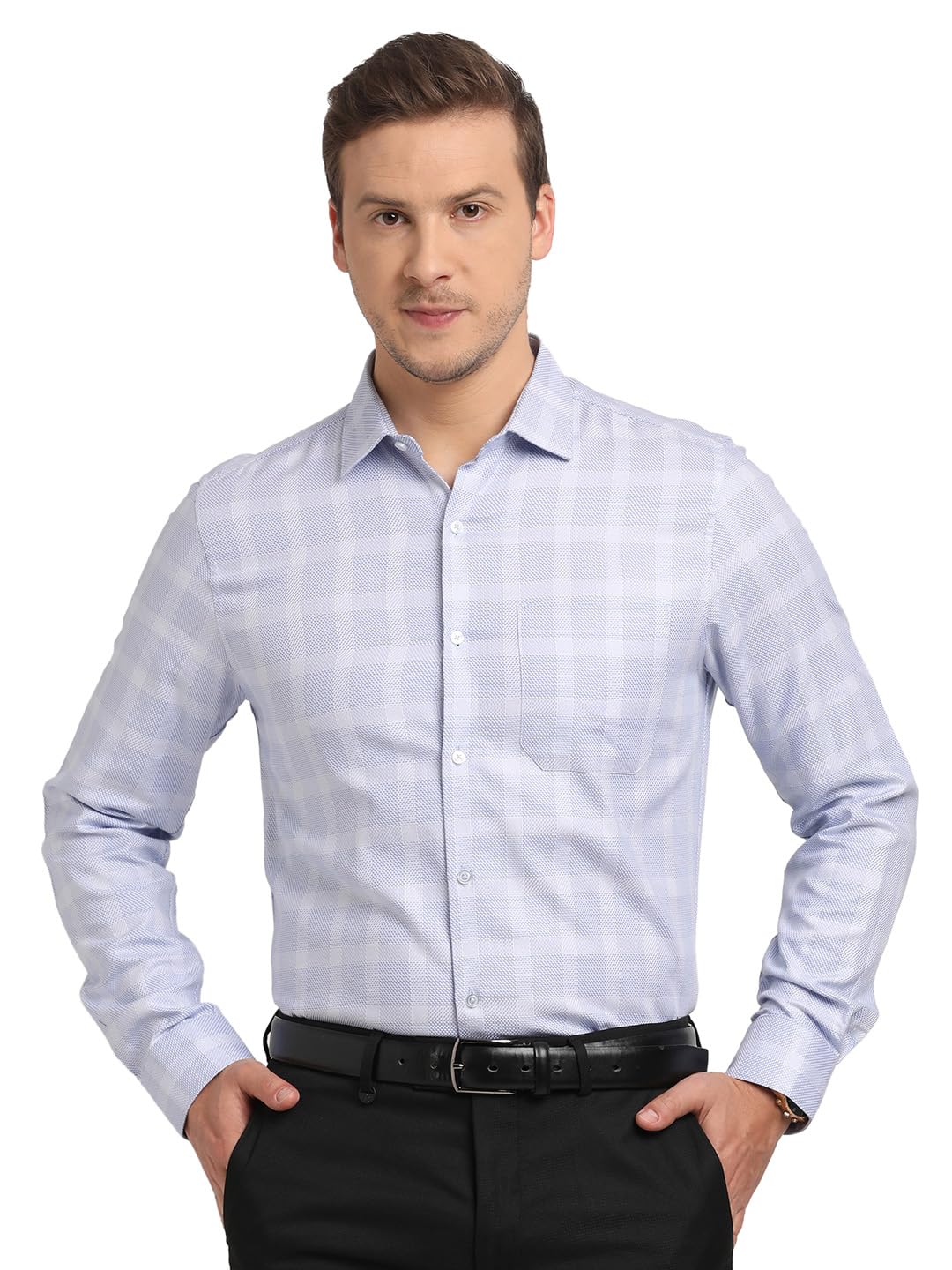 Turtle Men 100% Cotton Slim Fit Light Blue Checkered Formal Shirt