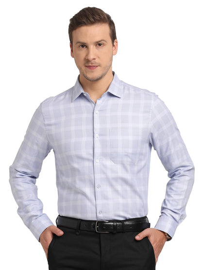 Turtle Men 100% Cotton Slim Fit Light Blue Checkered Formal Shirt
