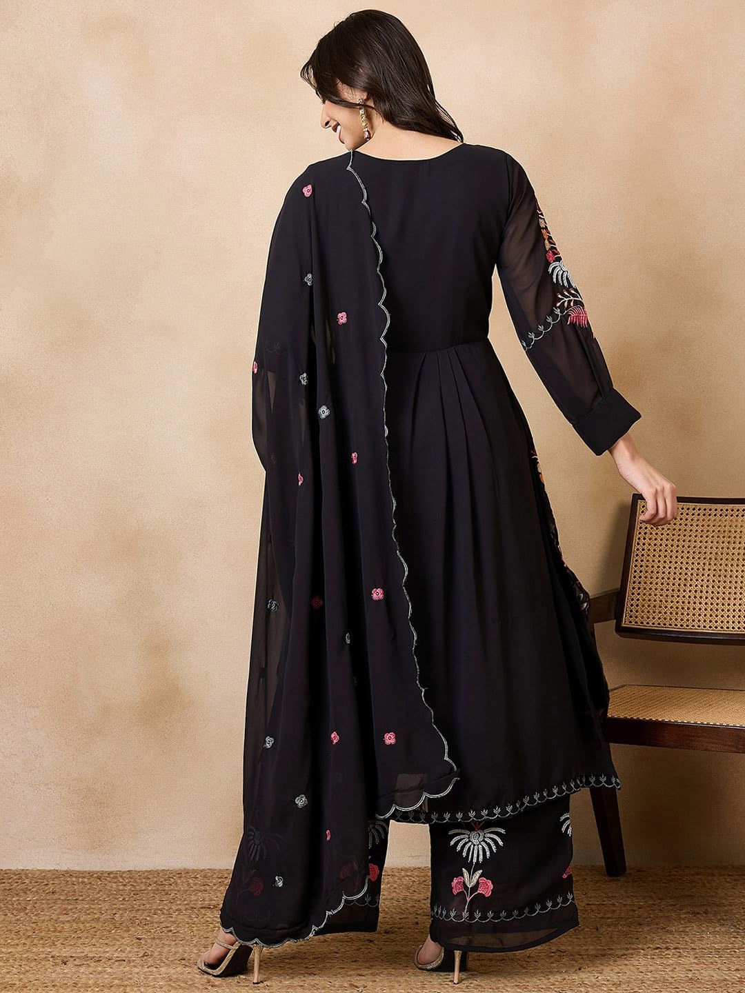 Fashion Basket Georgette Straight Floral Plazzo Kurta Set Black
