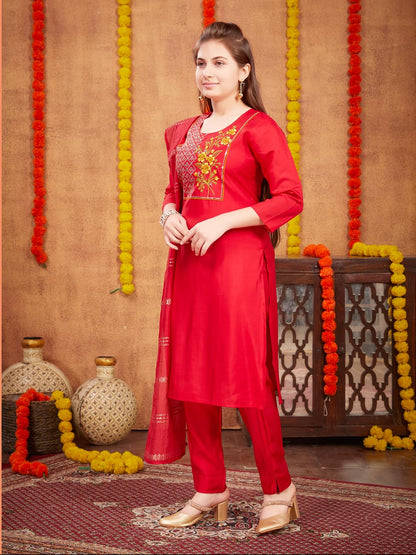 Aarika Girls Ethnic Wear Mustard Colour Zari Thread Embroidery Silk Kurti Pant Set