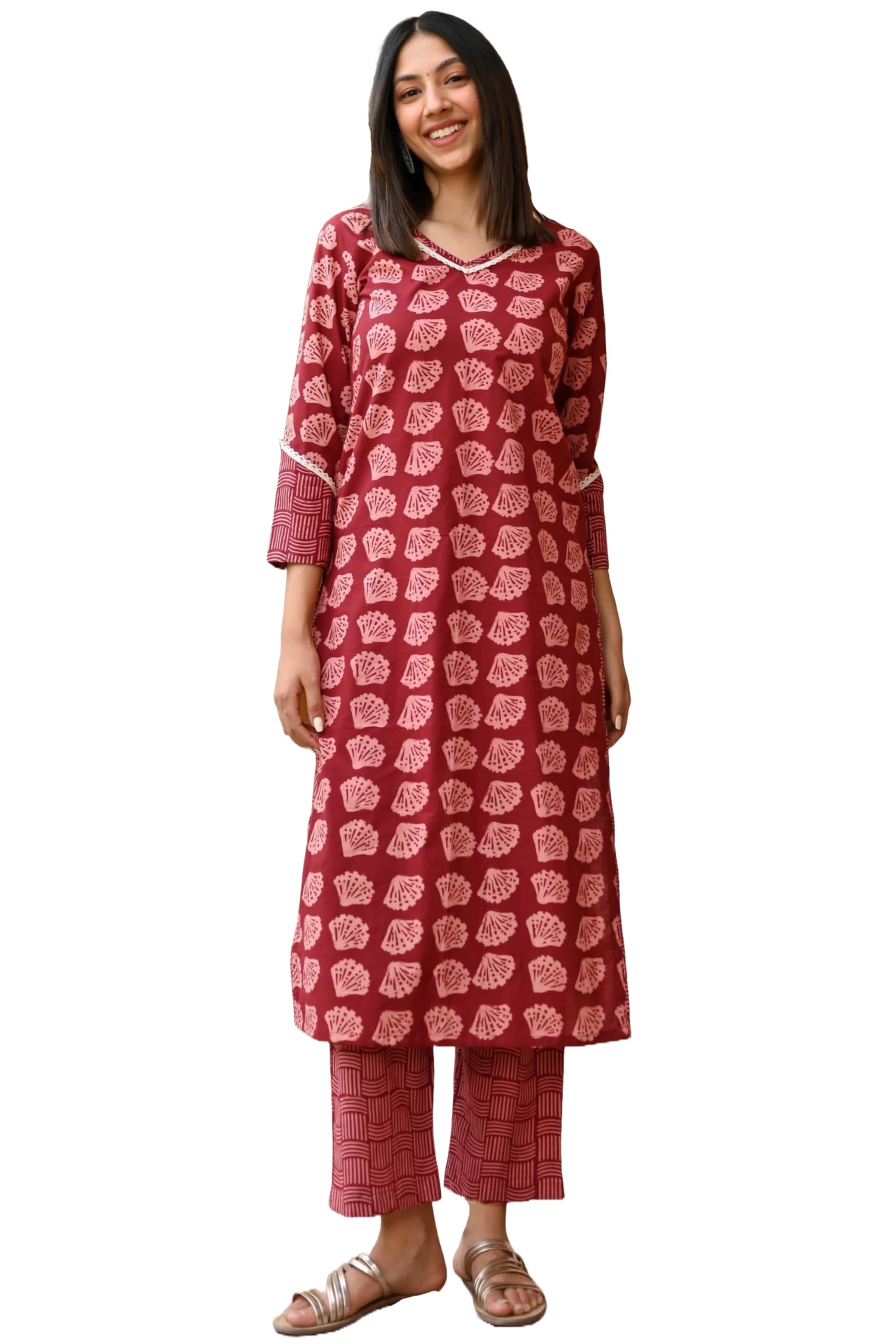 ANNI DESIGNER Ladies Cotton Blend Kurta with Trousers, dark red, S