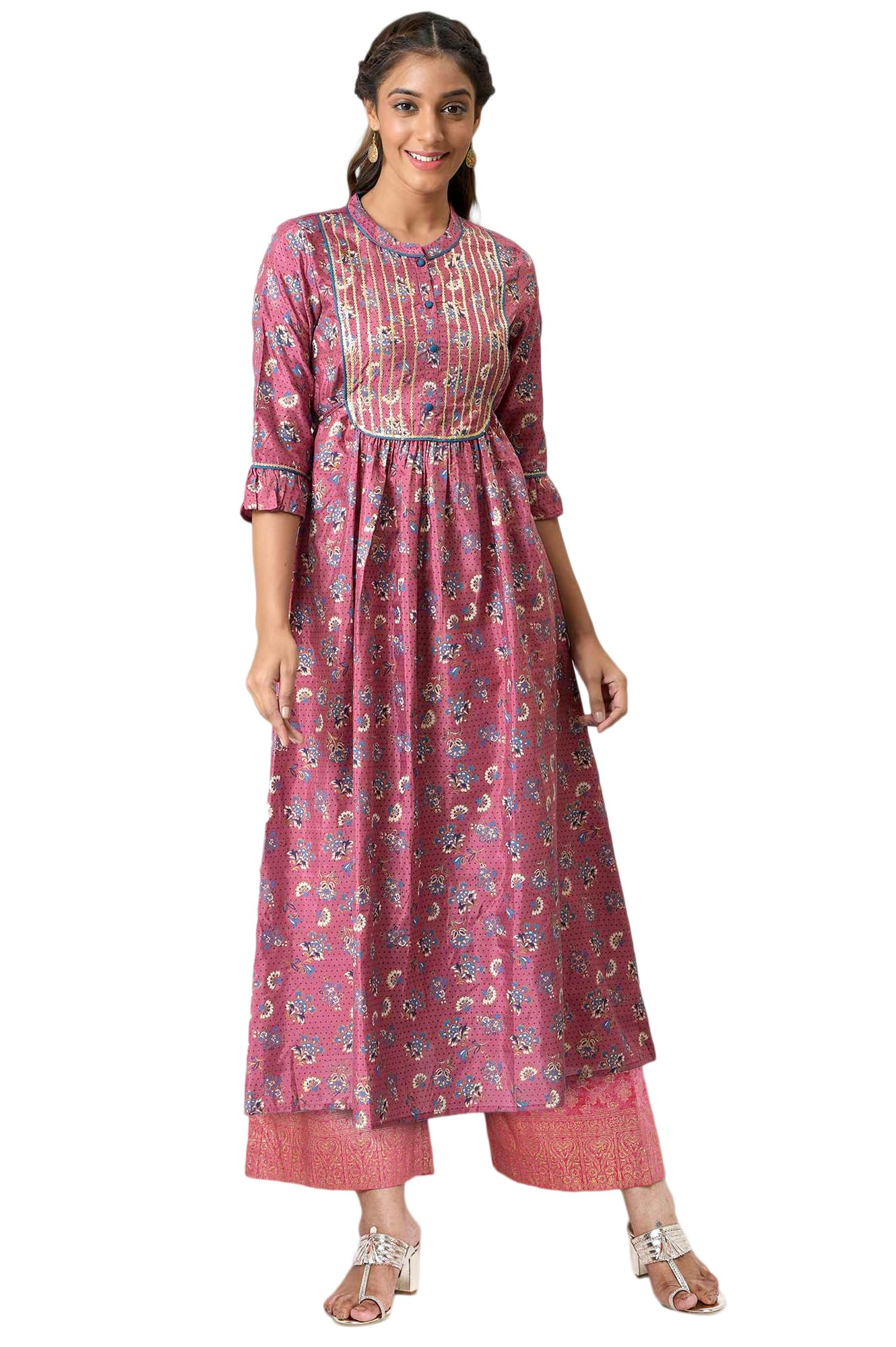 Aurelia Women's Pink Foil Sequins Shantung A-Line Kurta and Palazzo Set (ONVAS13492-505736-S)
