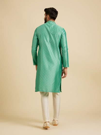 Manyavar MenS Art Silk Intricate Prints & Neck Detailing Kurta Pyjama Set (Green,L)