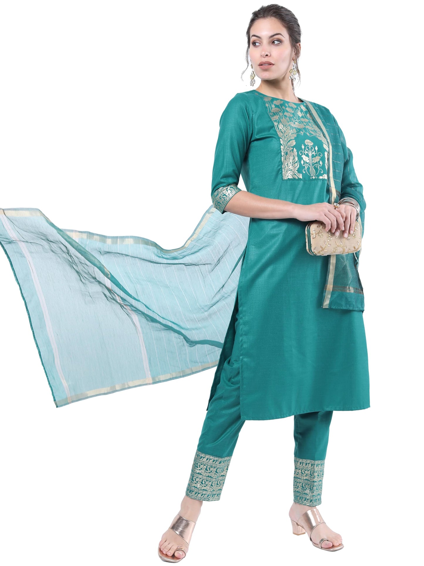 Ketch Women'S Polyester Floral Kurta Set (Khk3000234_Green, Xl