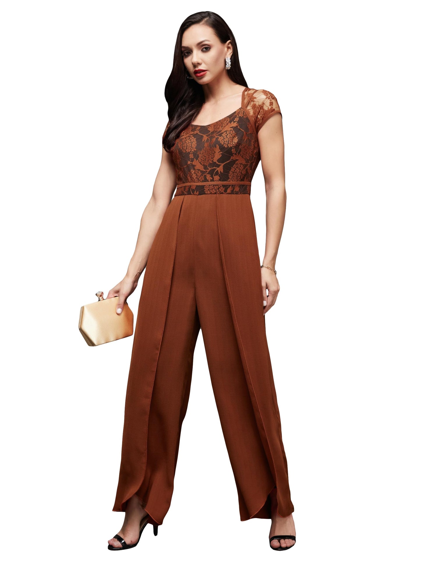 Miss Chase WomenS Sweetheart Neck Raglan Sleeve Floral Lace Overlaid Crepe Regular Length Jumpsuit (Mcss23D15-68-606-06, Rust, X