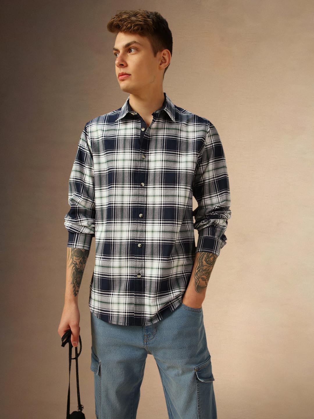 Dennis Lingo Men Blue Checks Cotton Regular Fit Full-Sleeve Shirts