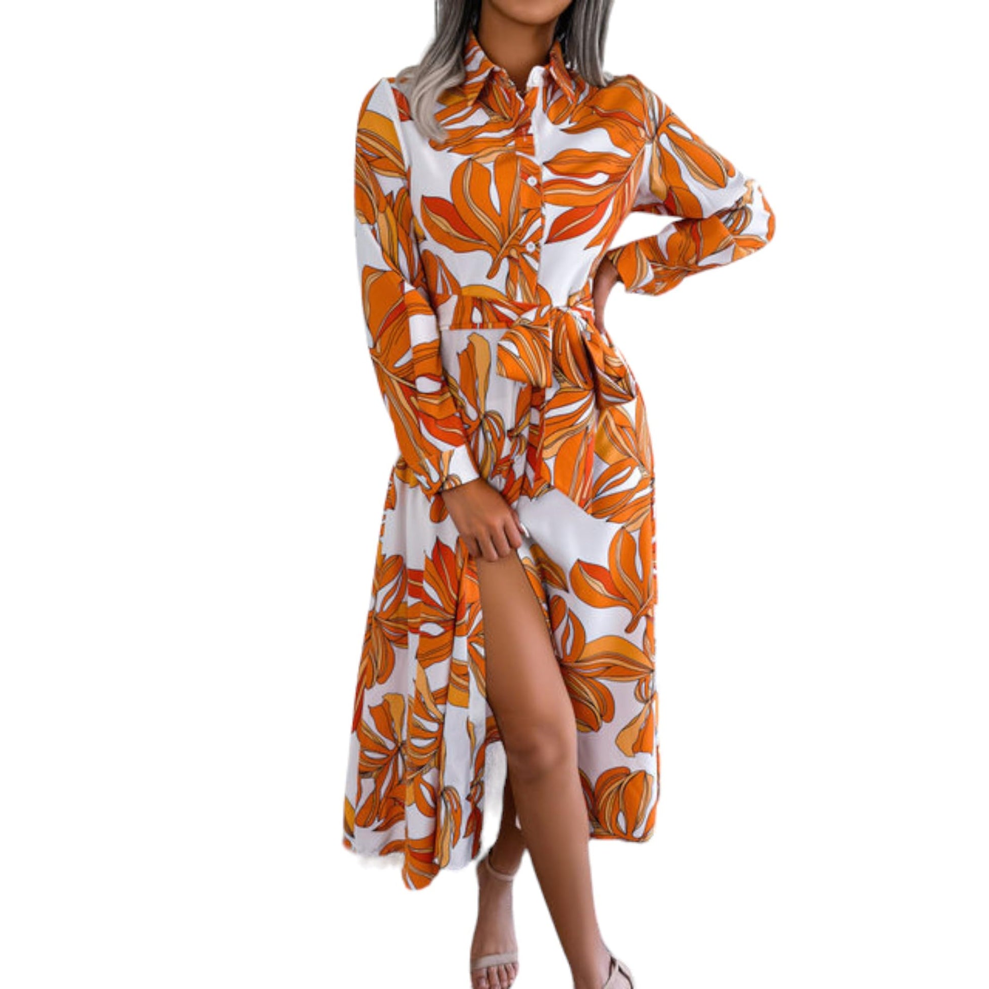 Gufrina WomenS Crepe Midi Dress With Full Sleeves Floral Printed Collar Neck Maxi Length Regular Fit And A Line Style Orange