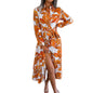 Gufrina WomenS Crepe Midi Dress With Full Sleeves Floral Printed Collar Neck Maxi Length Regular Fit And A Line Style Orange