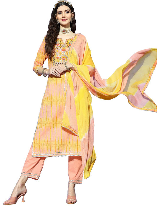 ishin Cotton Women's Embroidered Fabric Straight Kurta Set With Trouser And Dupatta