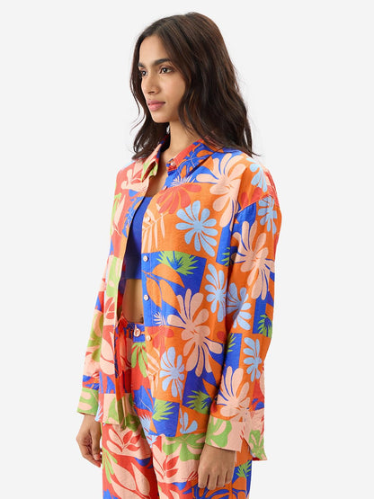 The Souled Store Leafy Charm Women and Girls Long Sleeve Collared Neck Button Down All Over Print Multicolor Oversize Fit Fashio