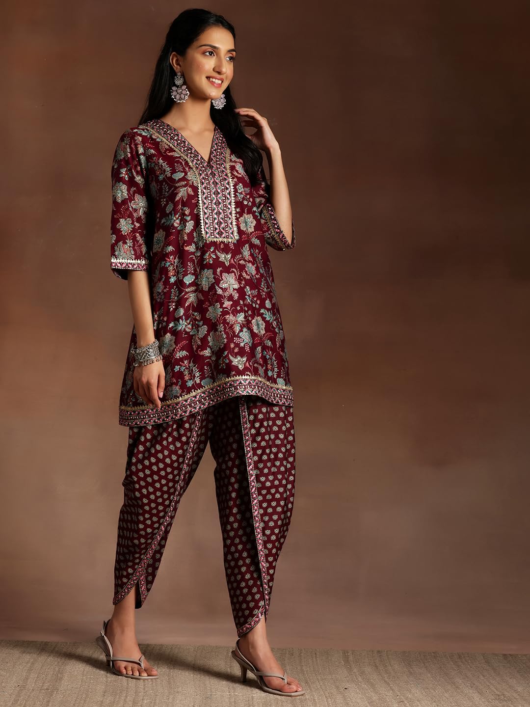 Libas Womens Printed Silk Blend Straight Kurta With Dhoti Pant And Dupatta