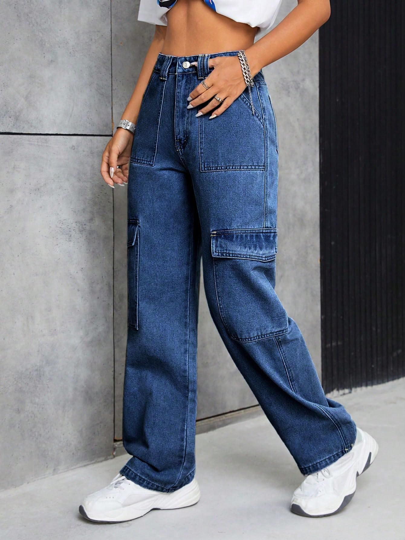 Kotty WomenS Solid High Rise Relaxed Fit Cargo Jeans(Blue,34)