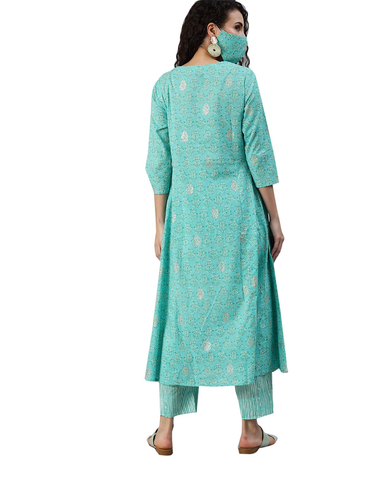 Ishin WomenS Cotton Blue Printed A-Line Kurta Trouser Set