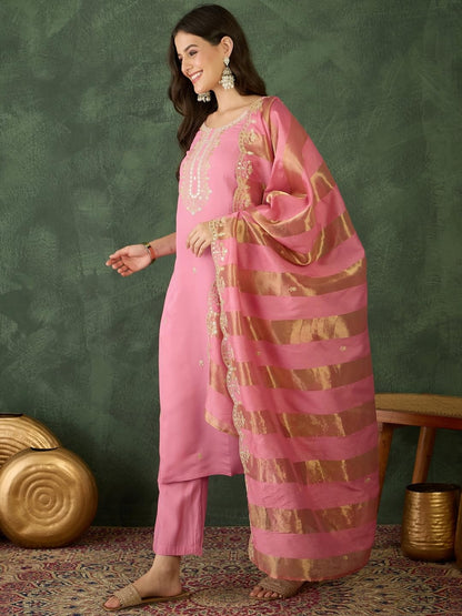 Naixa WomenS Cotton Blend Embroidered Straight Kurta With Pant And Dupatta Sets For Wedding Party And Festival Wear (Nx-768-Pin