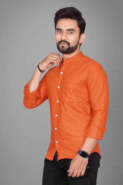 Besix MenS Cotton Solid Shirt With Mandarin Collared Full Sleeve Button Closure Curved Hem Straight Length And One Pocket | Mdr
