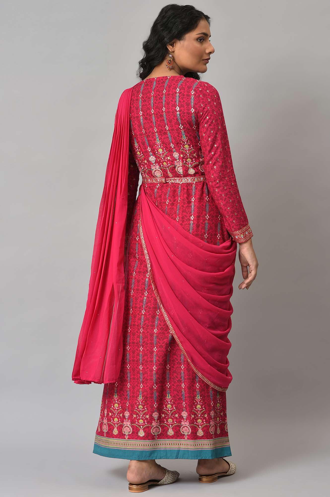 W For Woman Dark Pink Ethnic Motif Stylised Dress