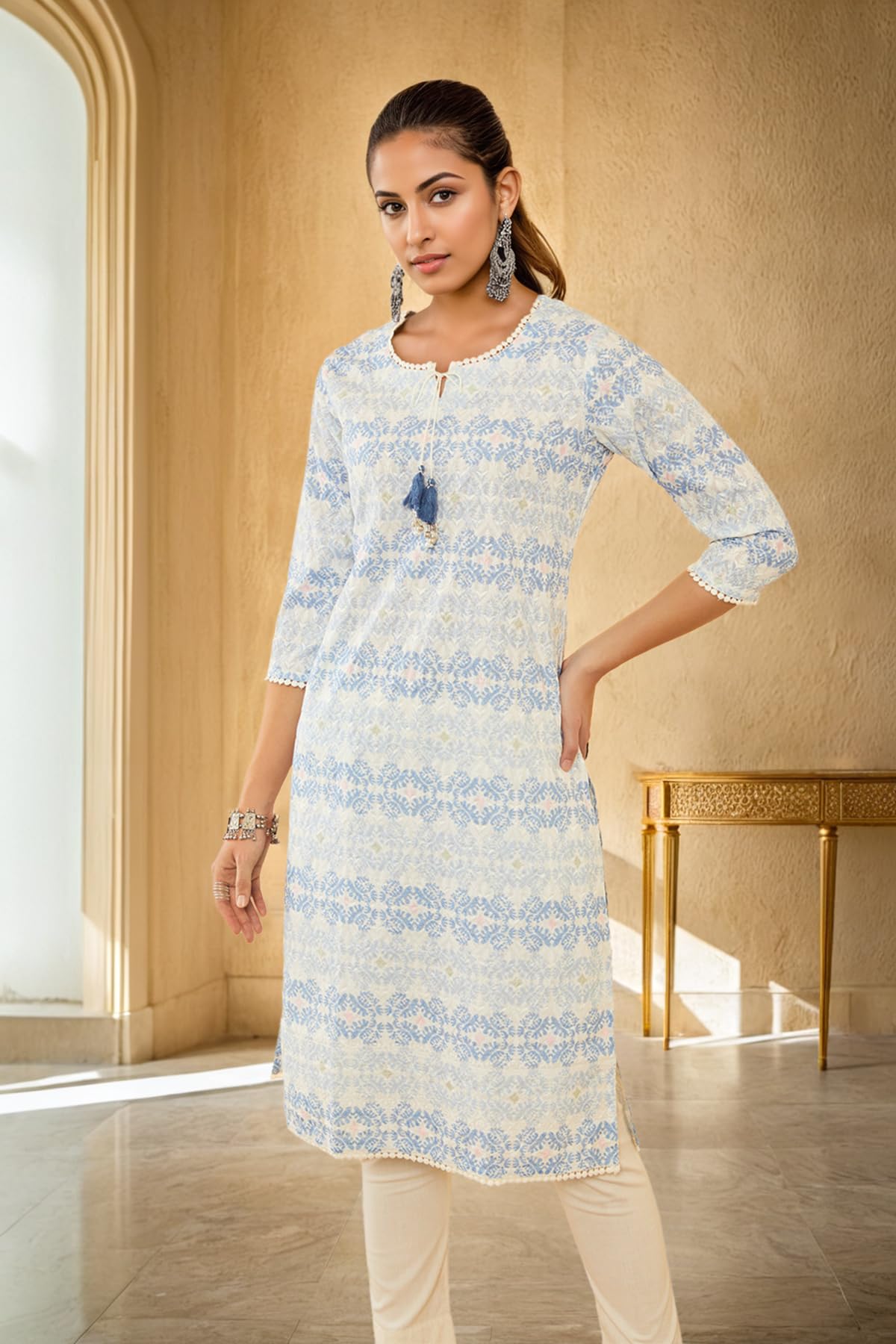 Soch Womens Off White Poly Cotton Embroidered Kurta with Tassels