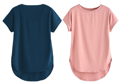 Fabricorn Combo Of Plain Airforce Blue V-Neck And Dusty Rose Round Neck Up And Down Cotton Tshirt For Women (Airforce Blue And D