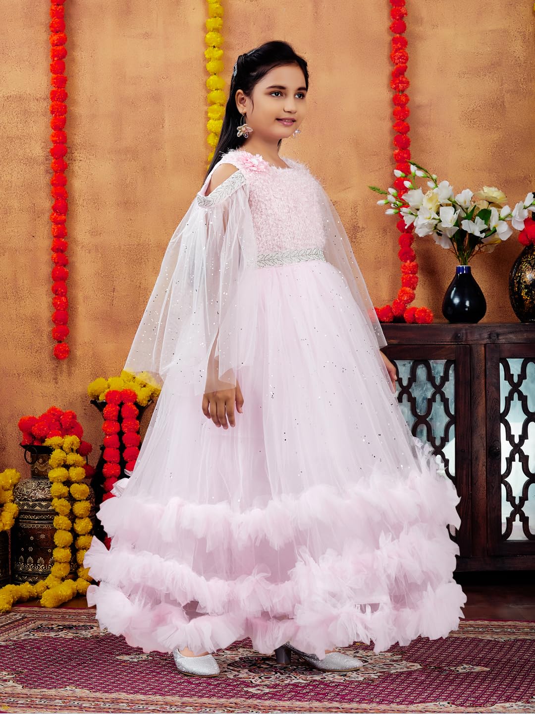 Aarika Girls Pink Colour Emballished Net Gown (4-11 Years)