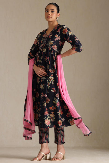 Soch Womens Navy Blue Viscose Blend Floral Print Suit Set With Beads
