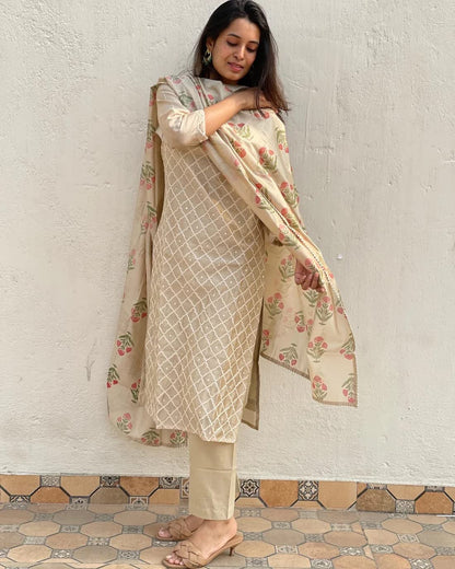 GoSriKi Womens Cotton Blend Embroidered Straight Kurta with Pant & Dupatta (MYSURU-Cream_XXL-GS_Cream_XX-Large)